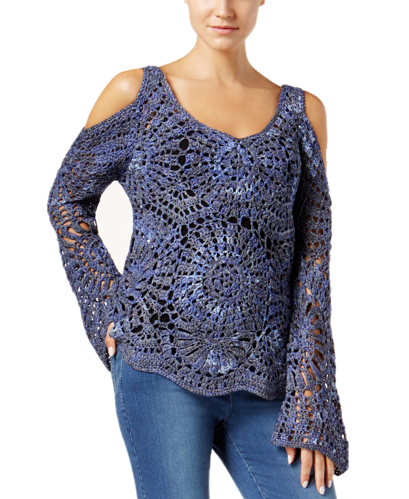 INC International Concepts Women Cold Shoulder Crocheted Sweater Deep Twilight