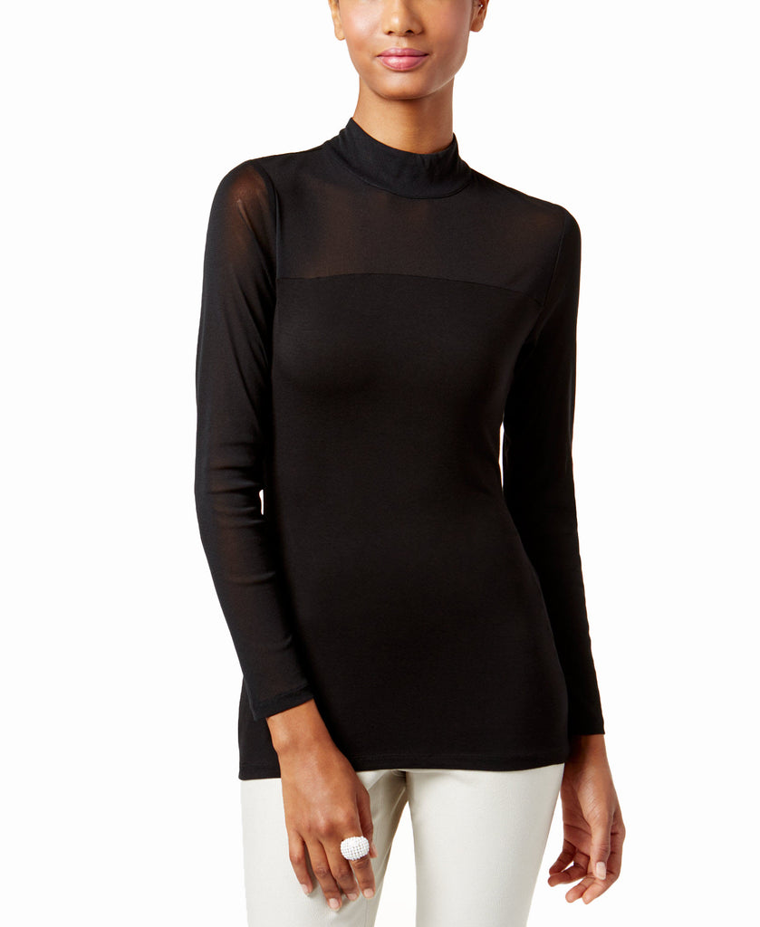 INC International Concepts Women Mock Turtleneck Illusion Top Deep Black