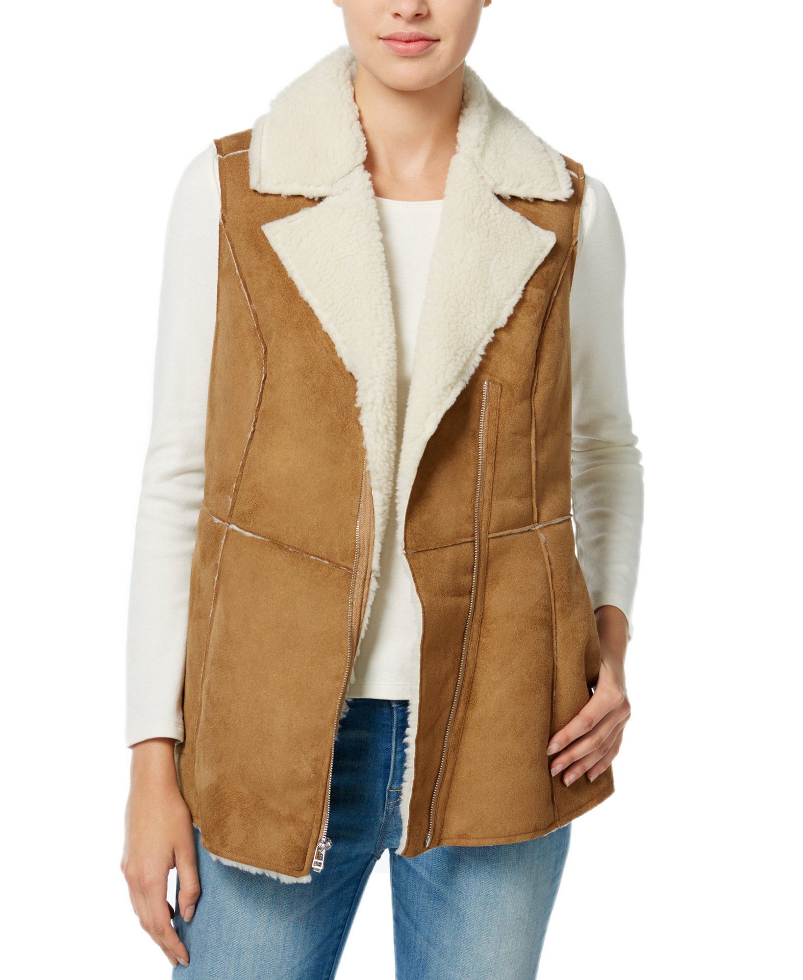 Wildflower Women Faux Shearling Moto Vest Camel