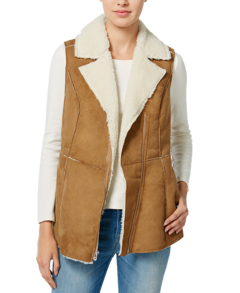 Wildflower Women Faux Shearling Moto Vest Camel