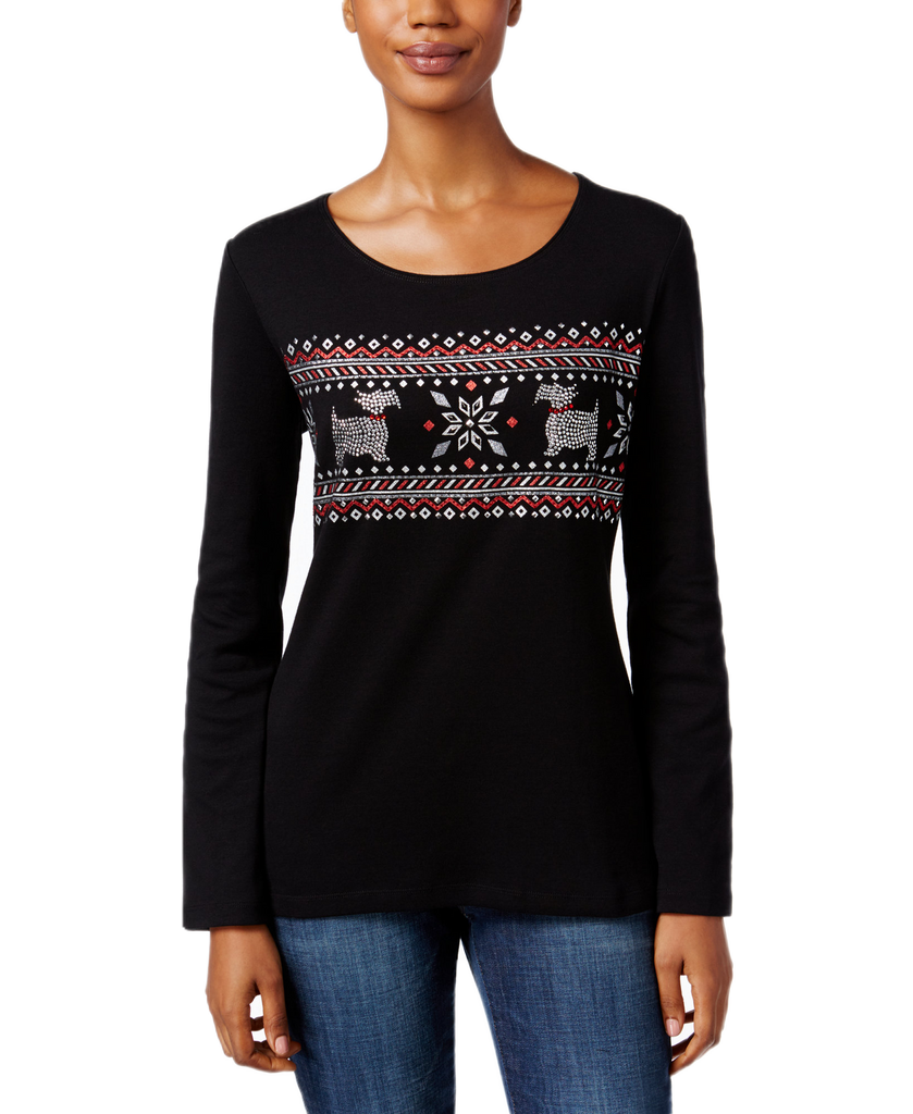 Karen Scott Women Petite Embellished Fair Isle Graphic Top Deep Black