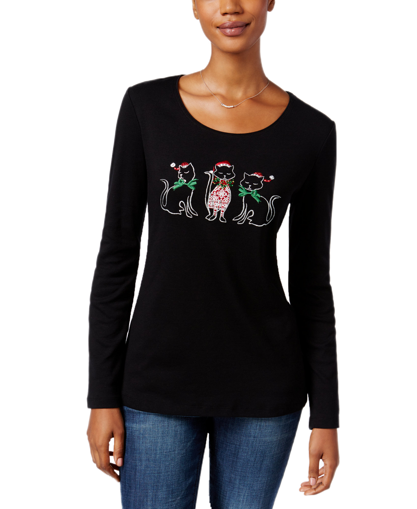 Karen Scott Women Petite Cat Holiday Graphic Top Deep Black