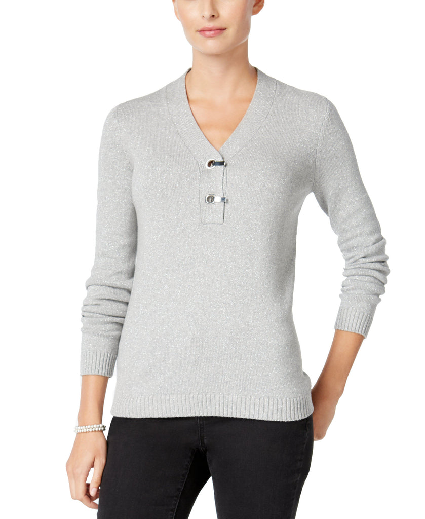 Charter Club Women Metallic Henley Sweater Heather Platinum Combo