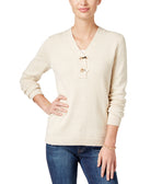 Charter Club Women Metallic Henley Sweater Sweet Cream Combo