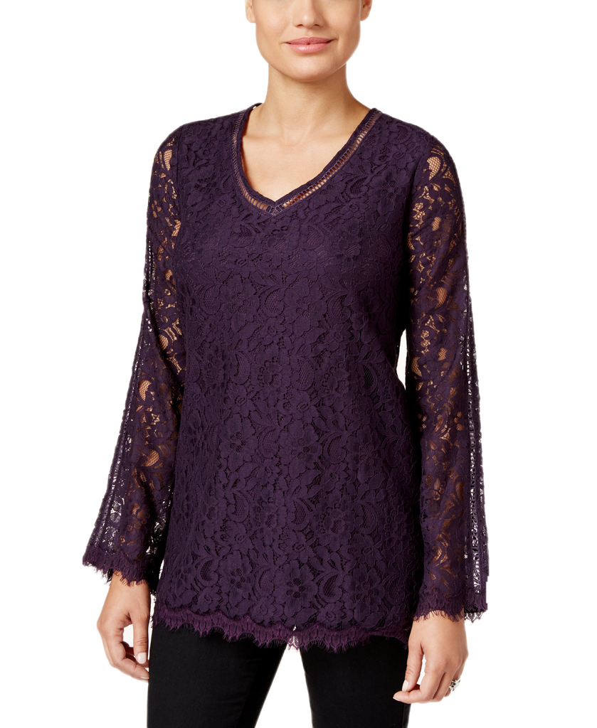 Style & Co Women Lace Bell Sleeve Top Dark Grape