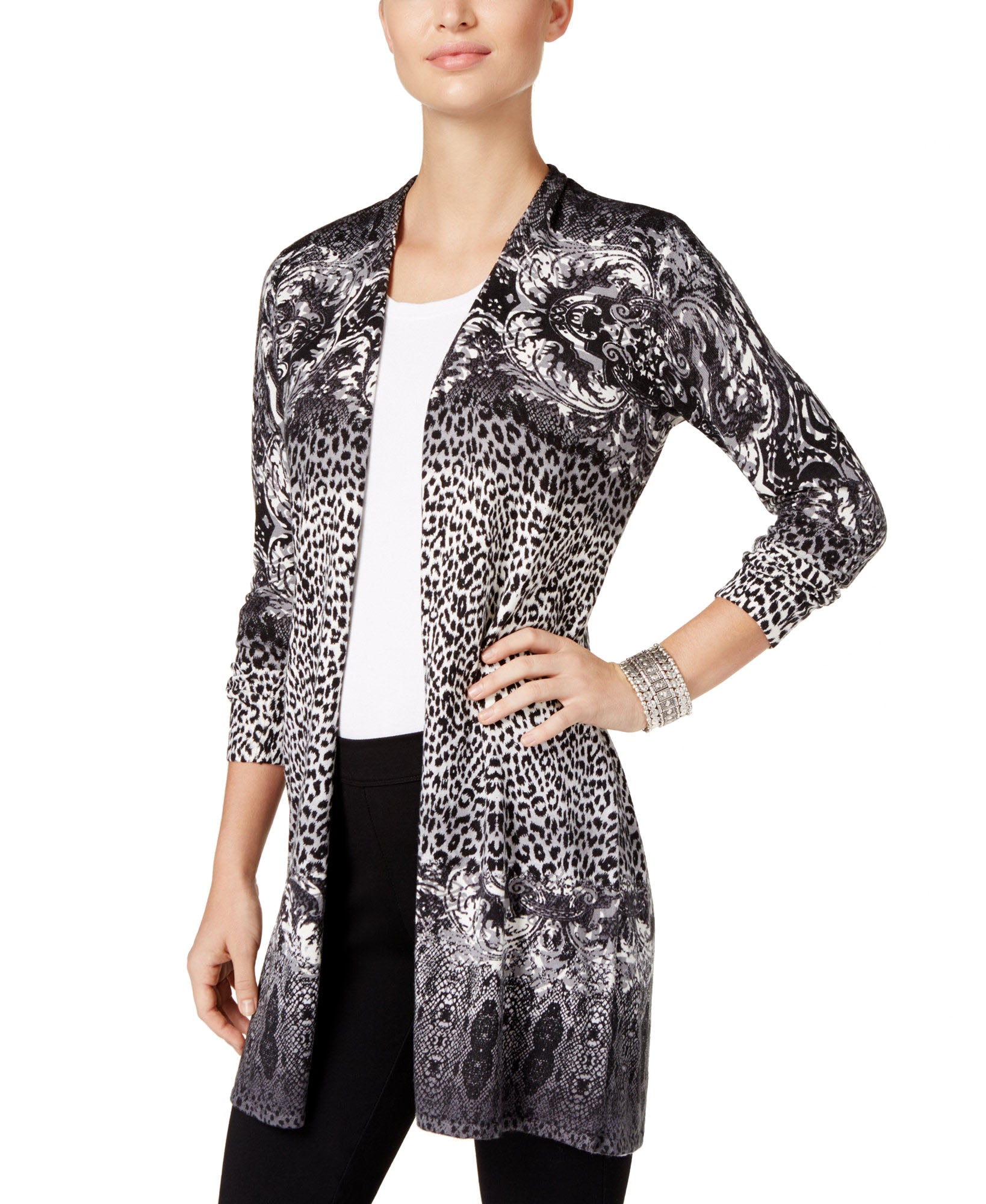 JM Collection Women Petite Printed Duster Cardigan Jungle Morph