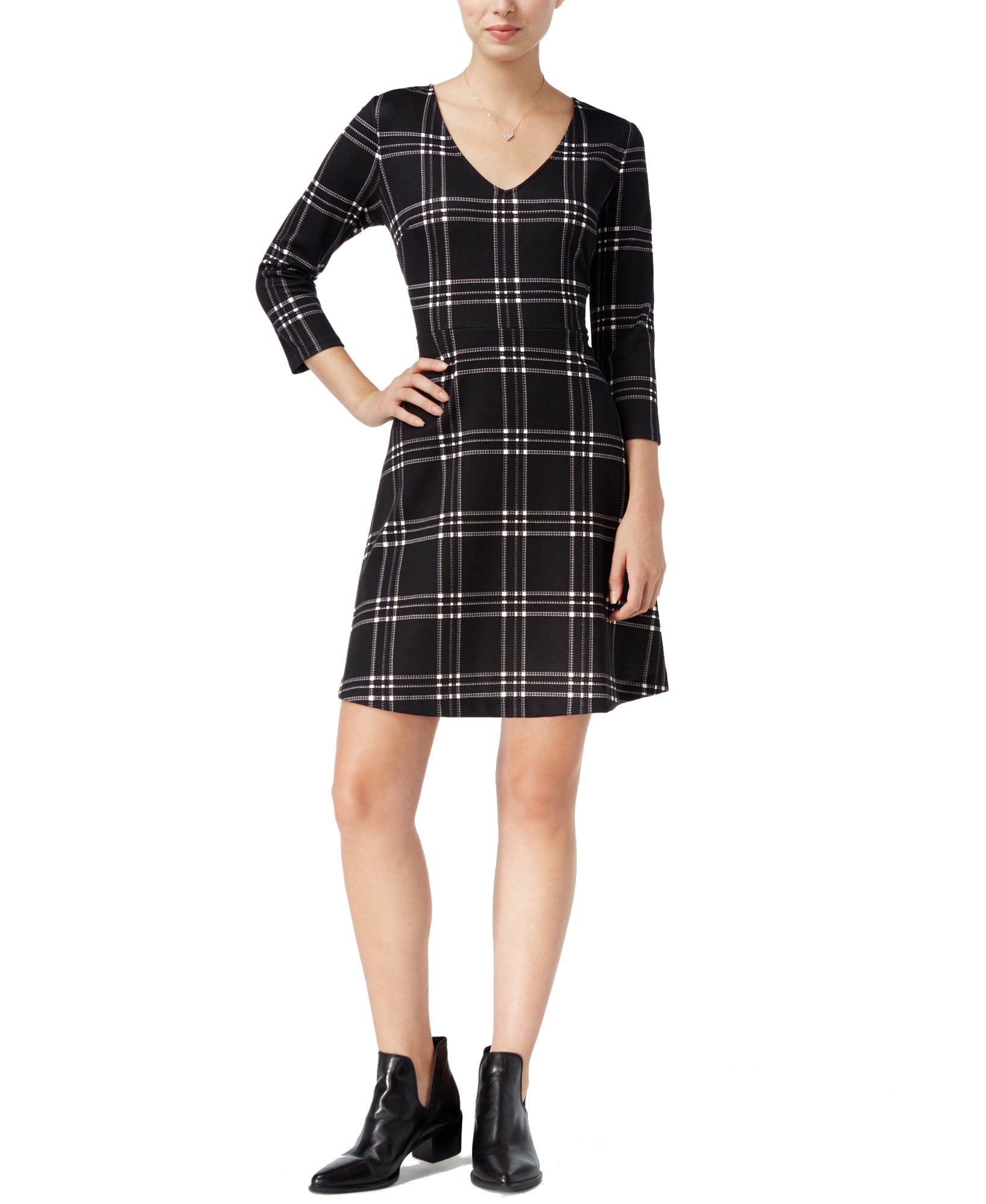 Maison Jules Women Windowpane Fit & Flare Dress Deep Black Combo