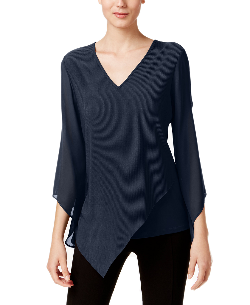 Alfani Women Asymmetrical V Neck Top Navy