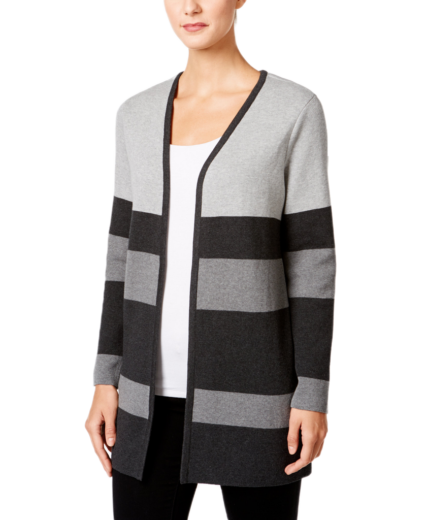 Charter Club Women Striped Open Front Cardigan Black Ice Heather Combo