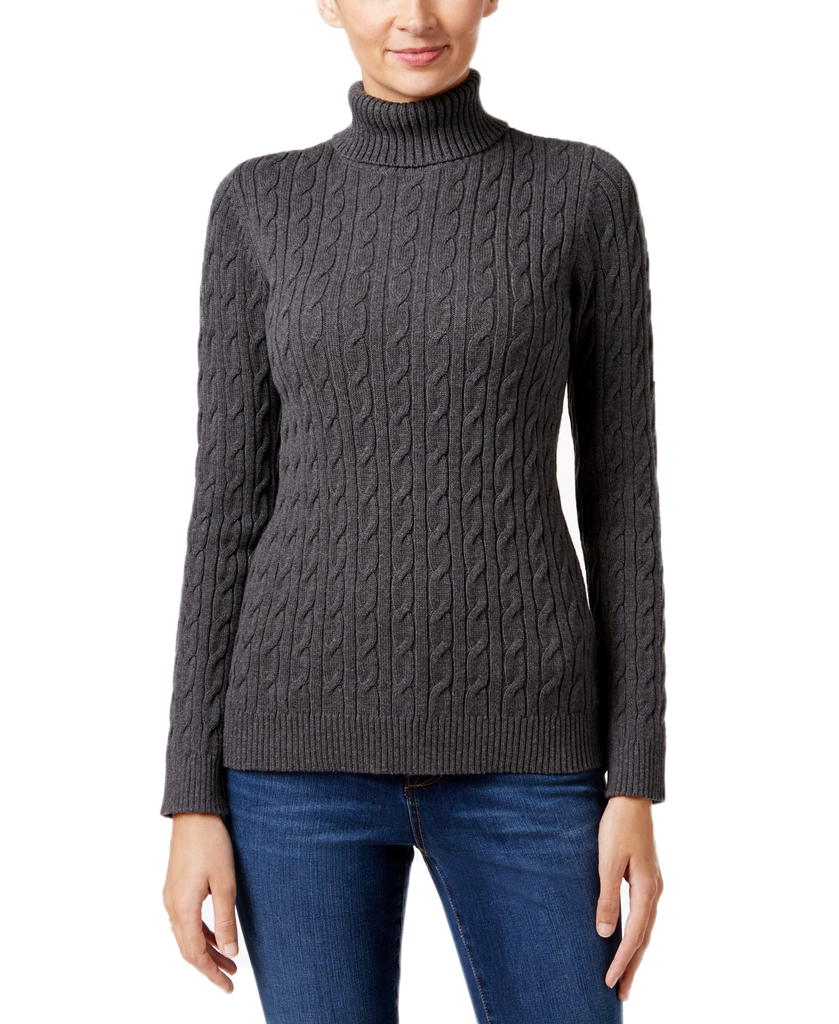 Charter Club Women Cable Knit Turtleneck Sweater Charcoal Heather