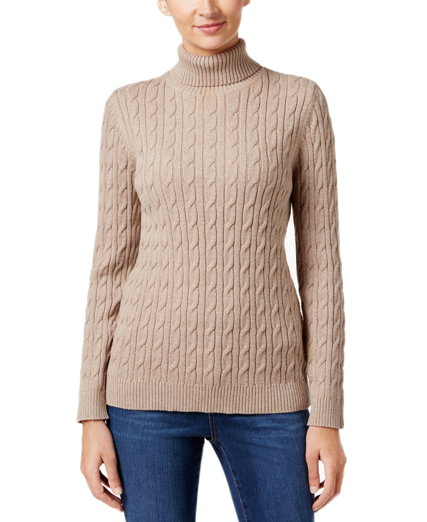 Charter Club Women Cable Knit Turtleneck Sweater Taupe Heather