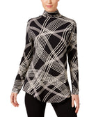 JM Collection Women Striped Turtleneck Top Black Ribbon