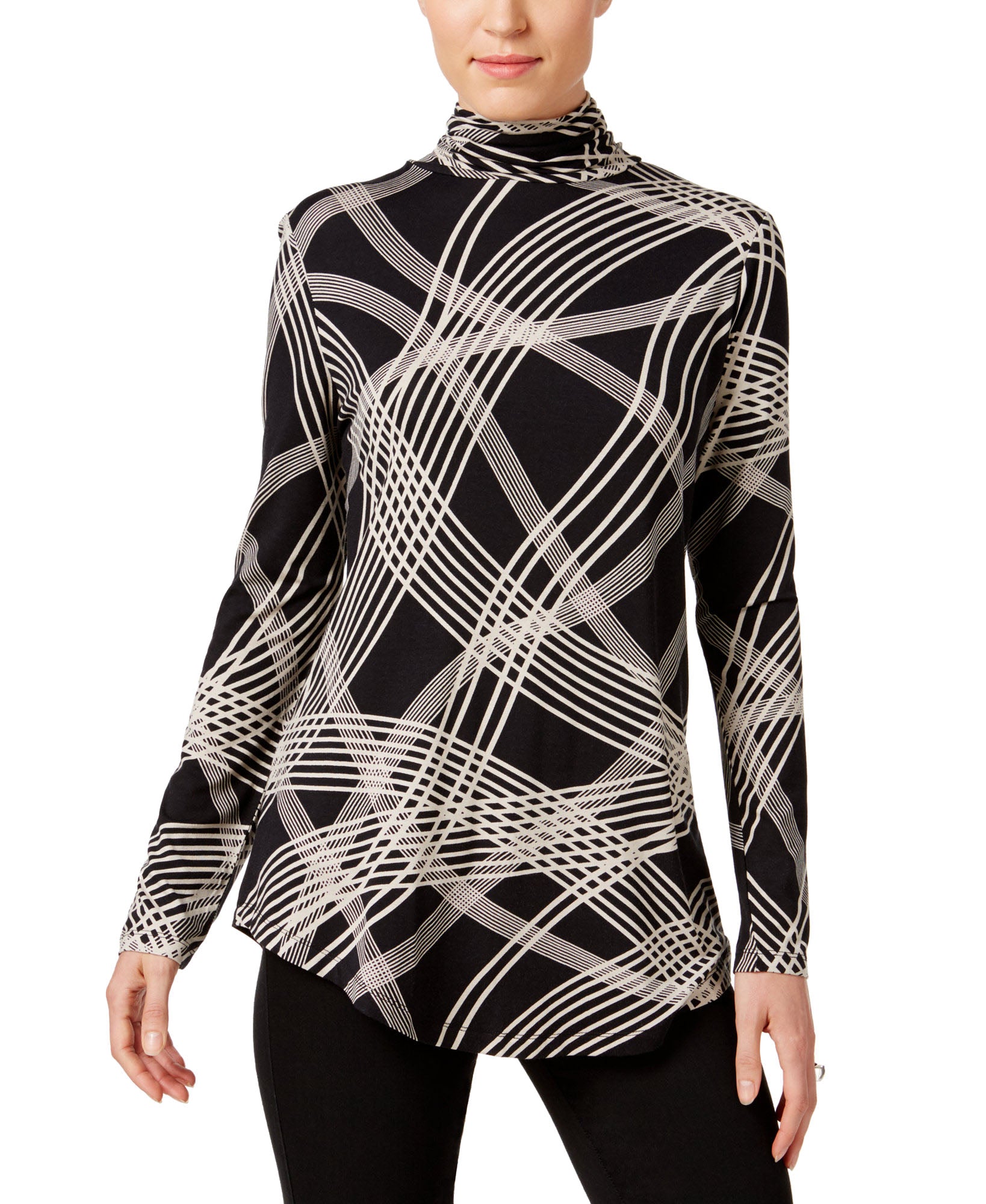 JM Collection Women Striped Turtleneck Top Black Ribbon