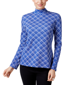 Karen Scott Women Plaid Mock Neck Top Bright Blue