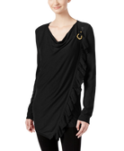 INC International Concepts Women Petite Ruffled Draped Sweater Black