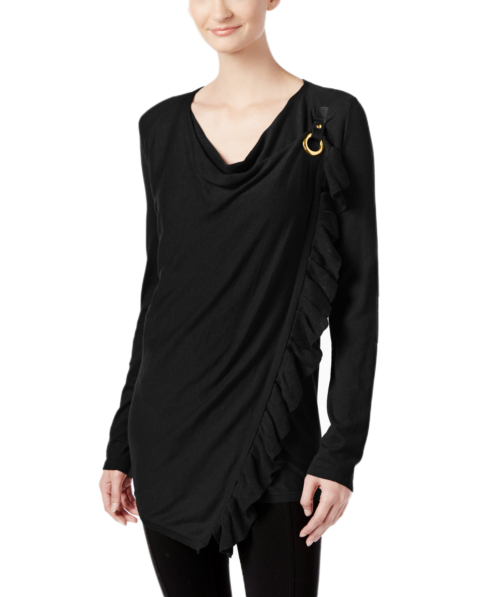 INC International Concepts Women Petite Ruffled Draped Sweater Black