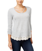 Belle Du Jour Juniors Lace Trim Cage Front Top Heather Grey