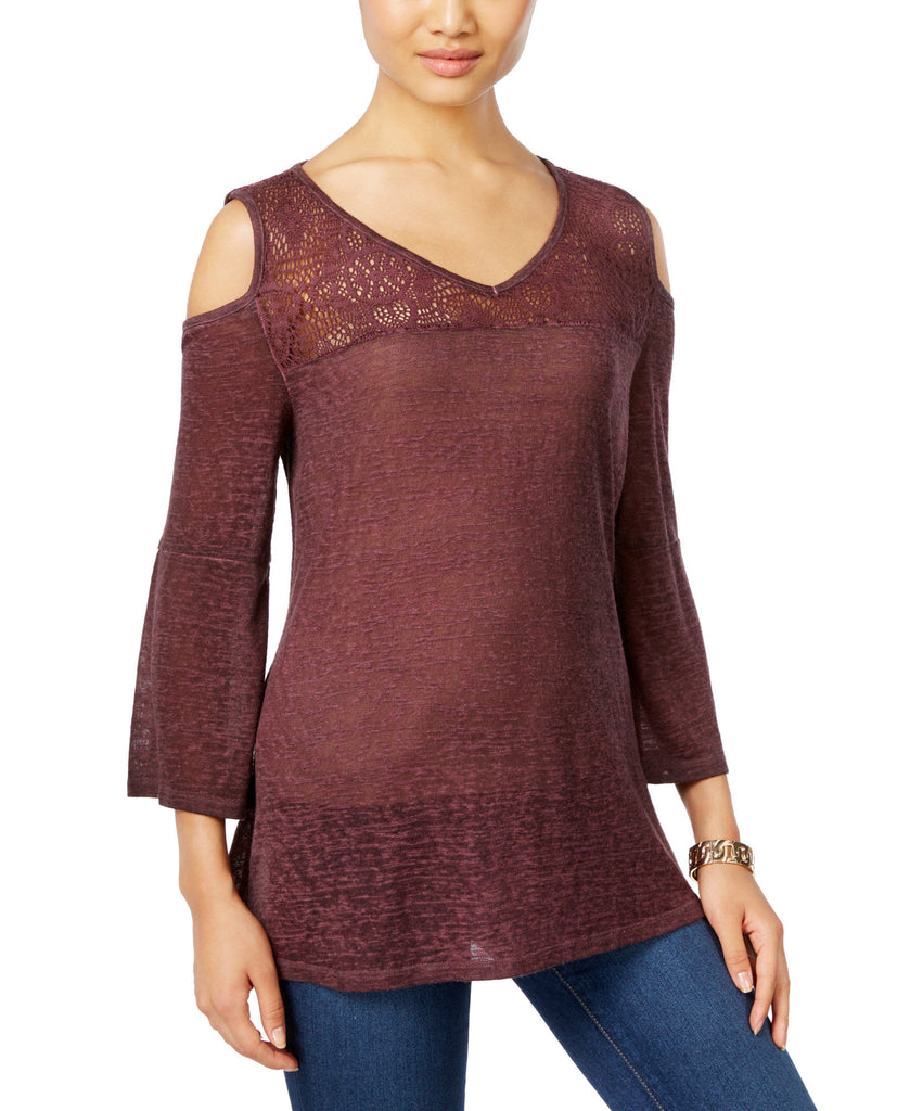 Style & Co Women Cold Shoulder Lace Trim Top Dried Plum