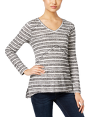 Style & Co Women Petite Ribbed Striped High Low Top Black Ivory Combo