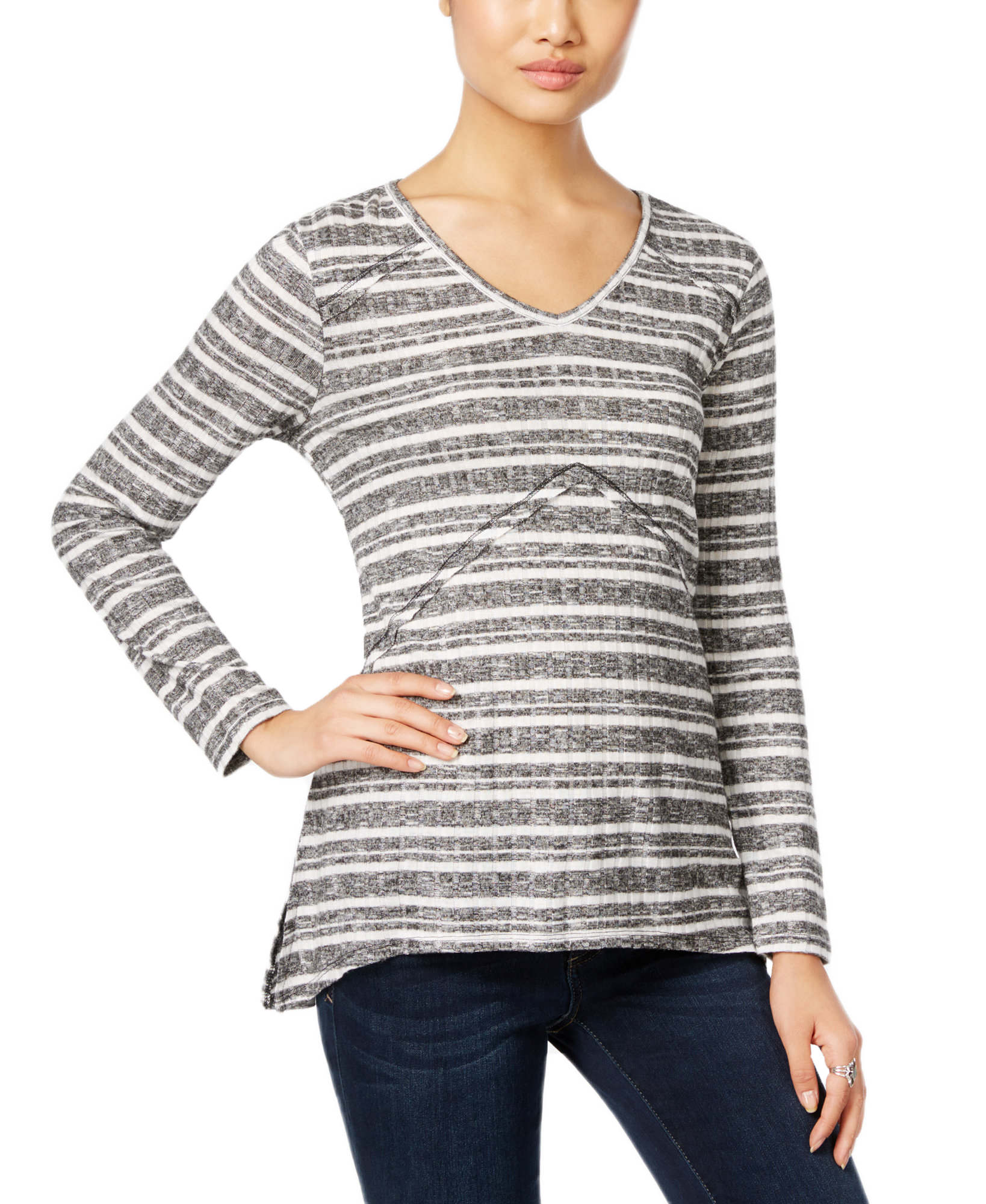 Style & Co Women Petite Ribbed Striped High Low Top Black Ivory Combo