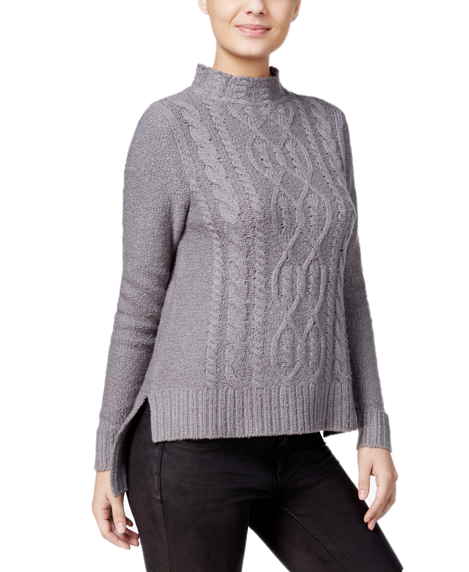 Kensie Women High Low Cable Knit Sweater Titanium