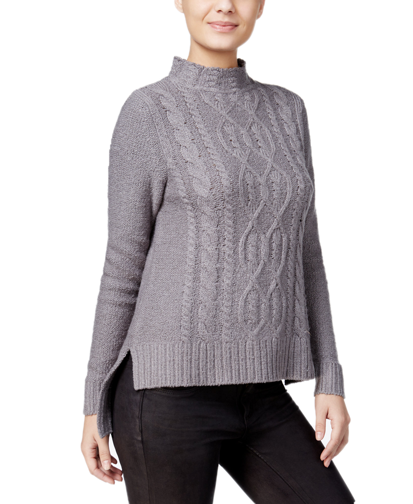 Kensie Women High Low Cable Knit Sweater Titanium