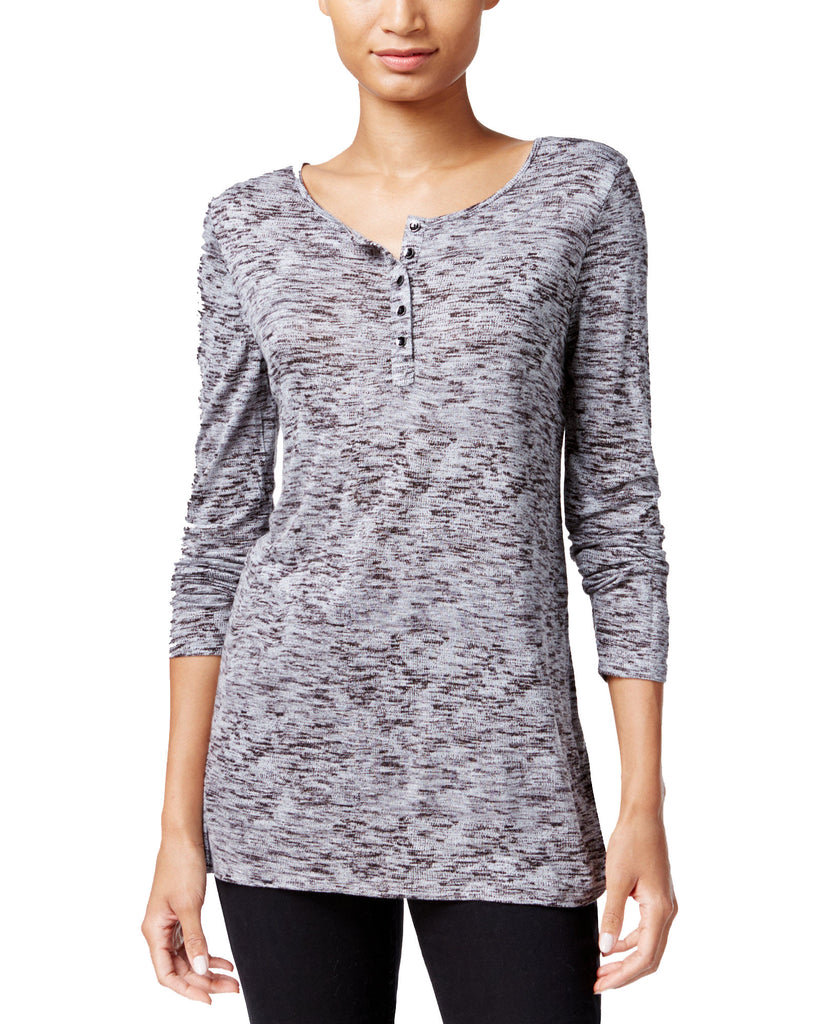 kensie Women Space Dyed Henley Top Heather Grey Combo