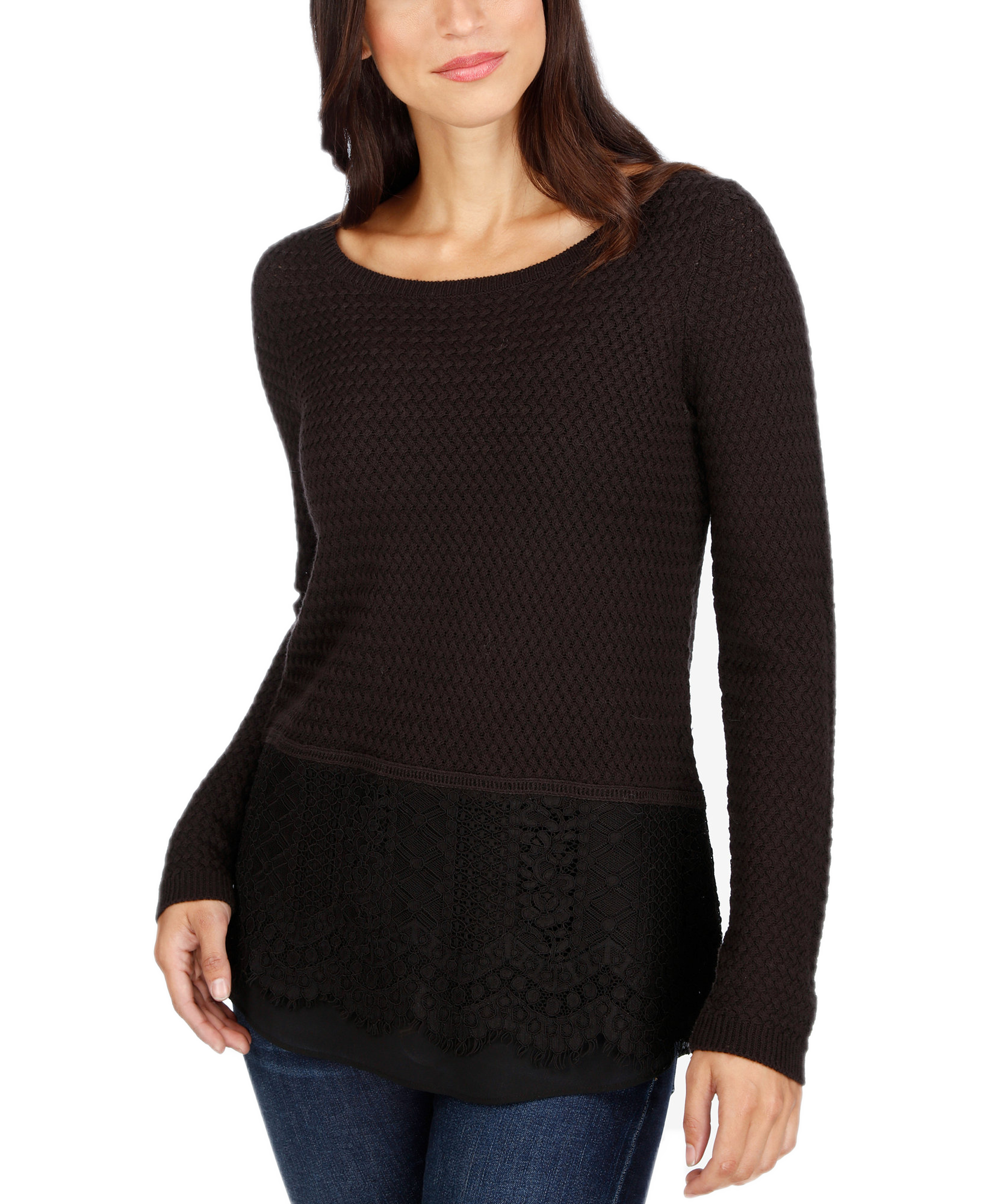 Lucky Brand Women Lace Trim Sweater Jet Black