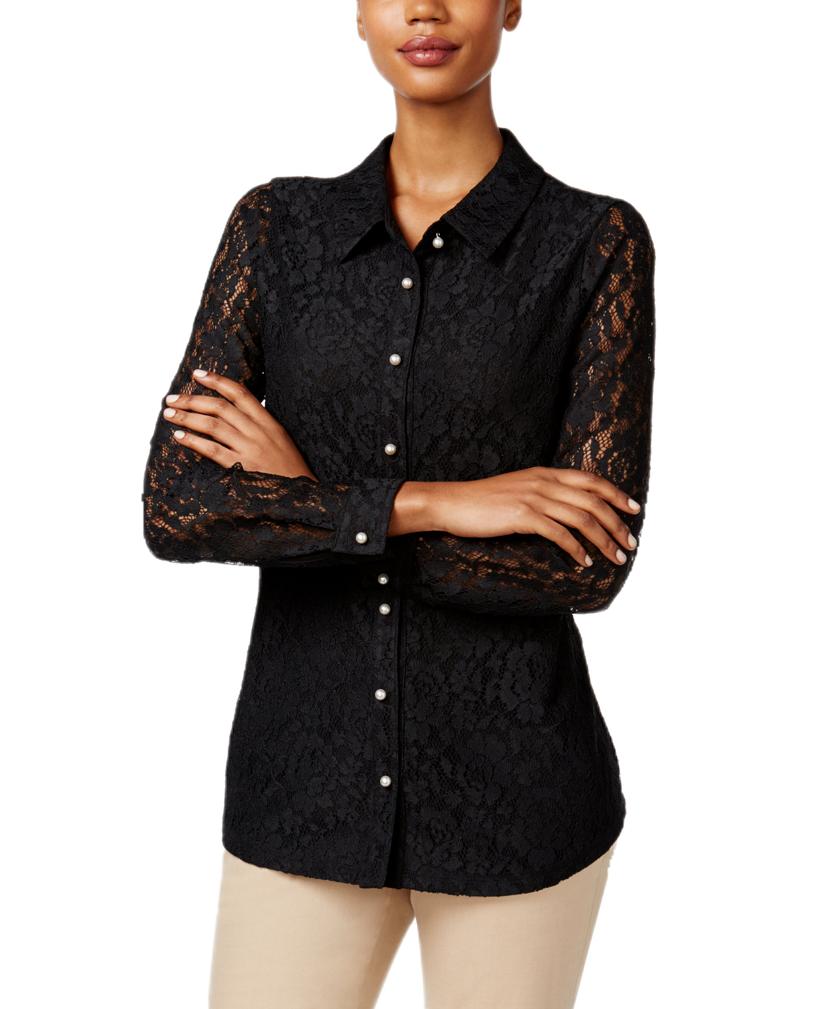 Charter Club Women Lace Shirt Deep Black