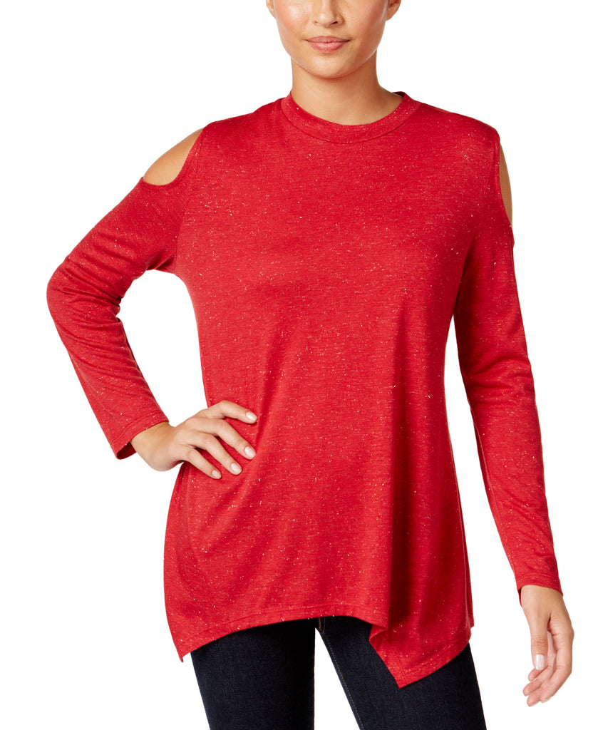 Style & Co Women Metallic Cold Shoulder Top New Red Amore