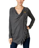 INC International Concepts Women Petite Ruffled Draped Sweater Med Heather Grey