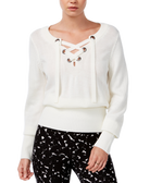 Bar III Women Ribbed Lace Up Sweater Egret