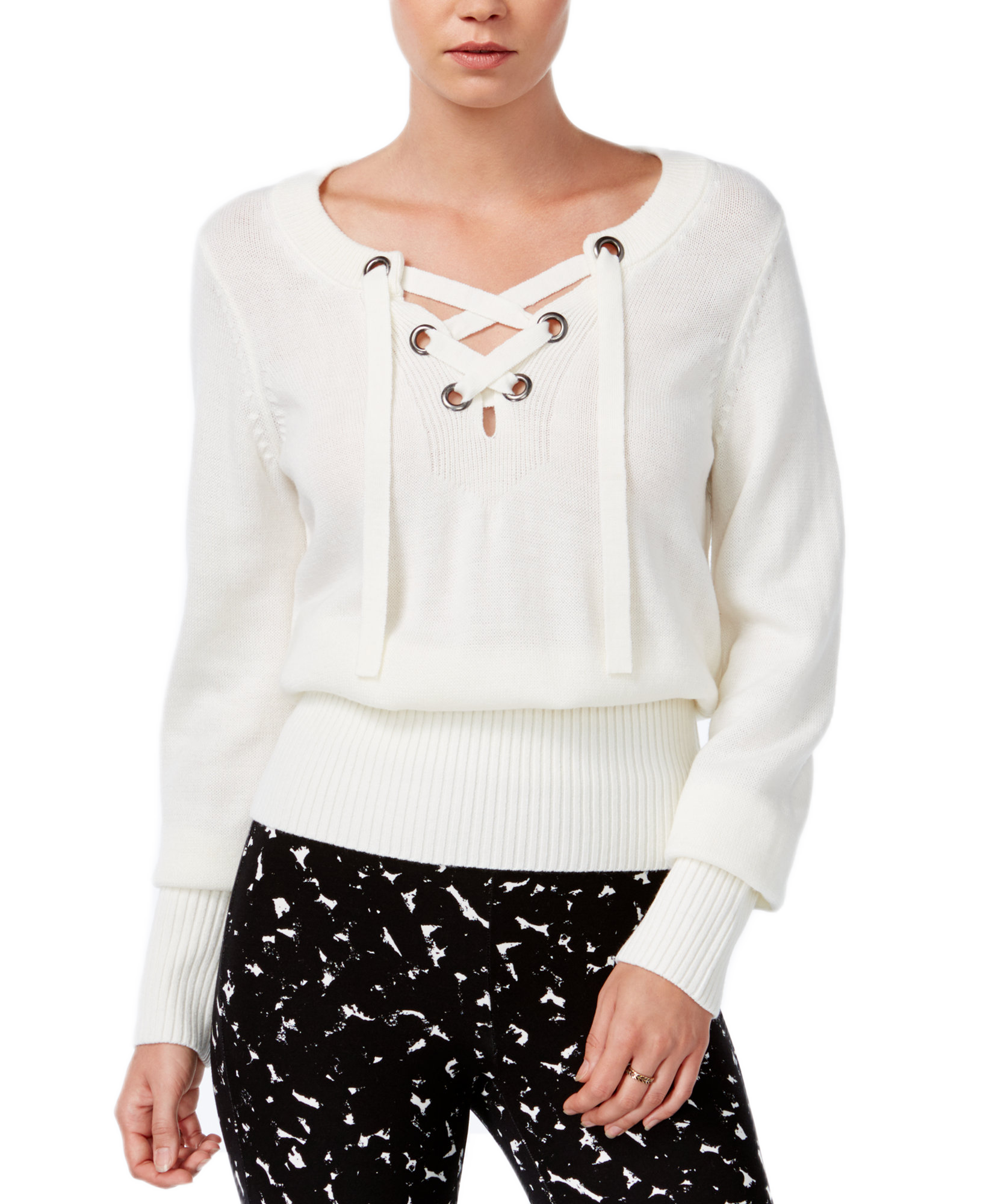 Bar III Women Ribbed Lace Up Sweater Egret