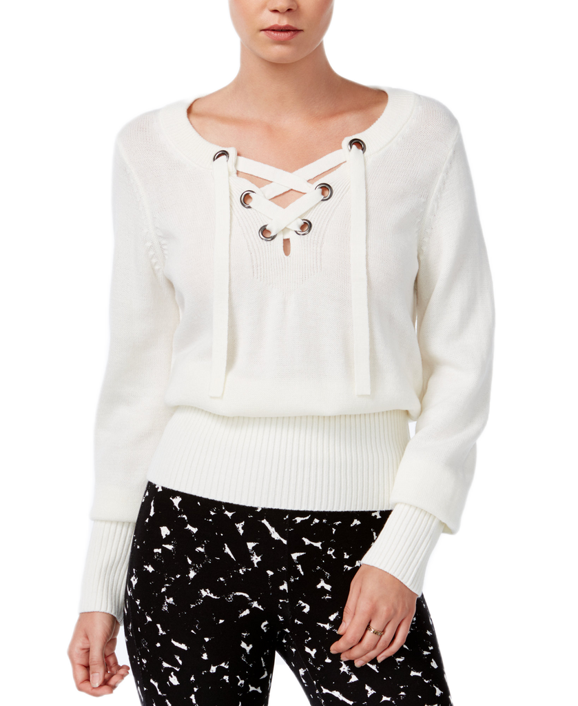 Bar III Women Ribbed Lace Up Sweater Egret