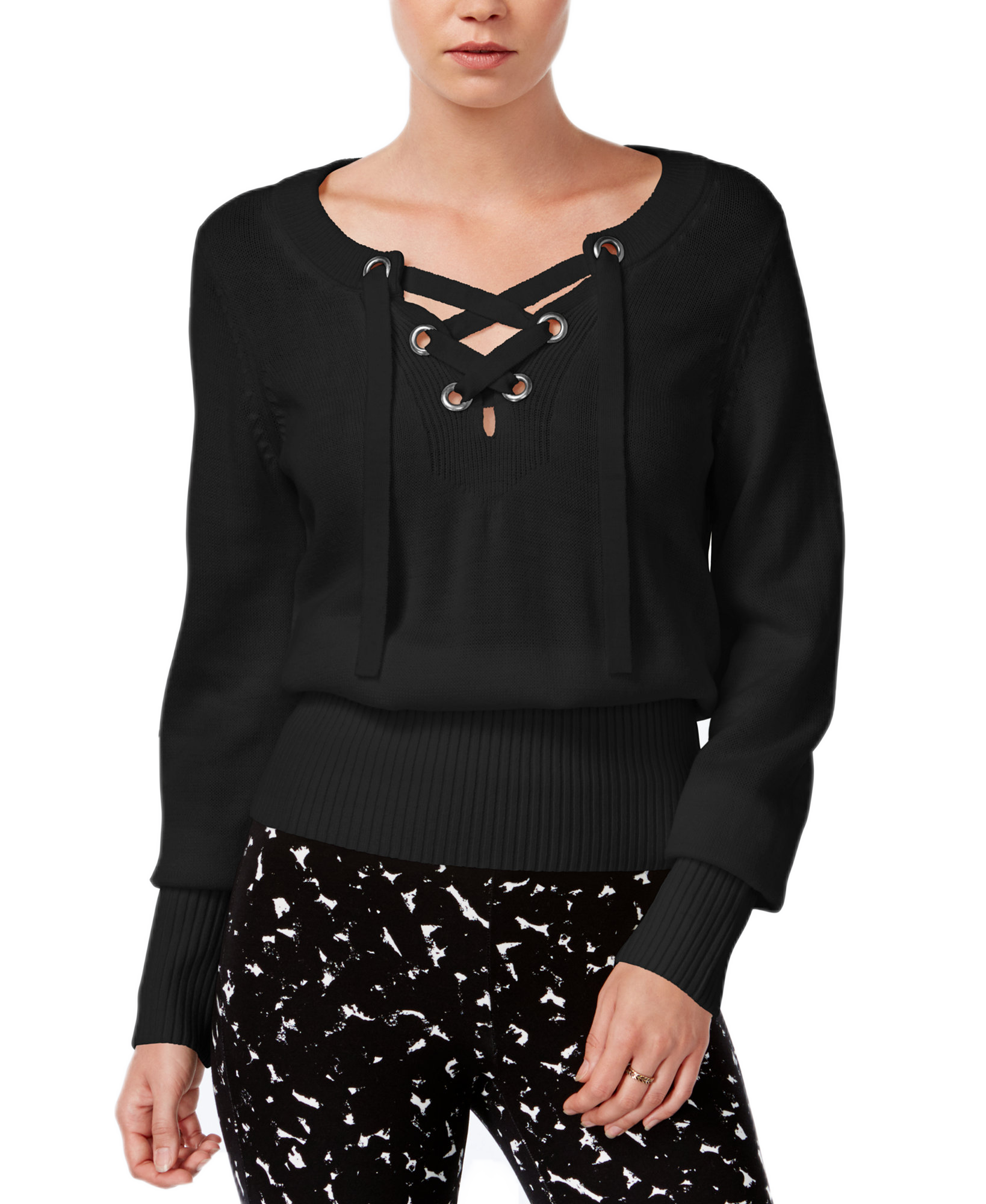 Bar III Women Ribbed Lace Up Sweater Deep Black