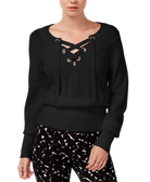 Bar III Women Ribbed Lace Up Sweater Deep Black