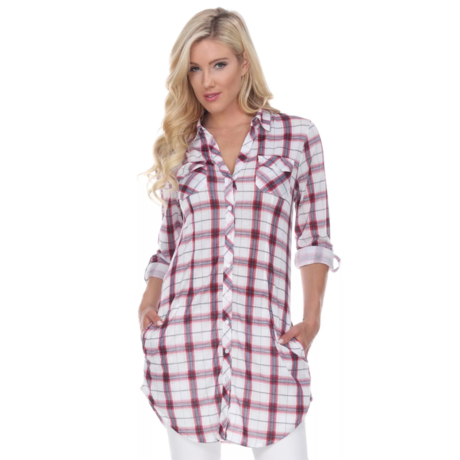 White Mark Women Plaid Tunic Top Red White