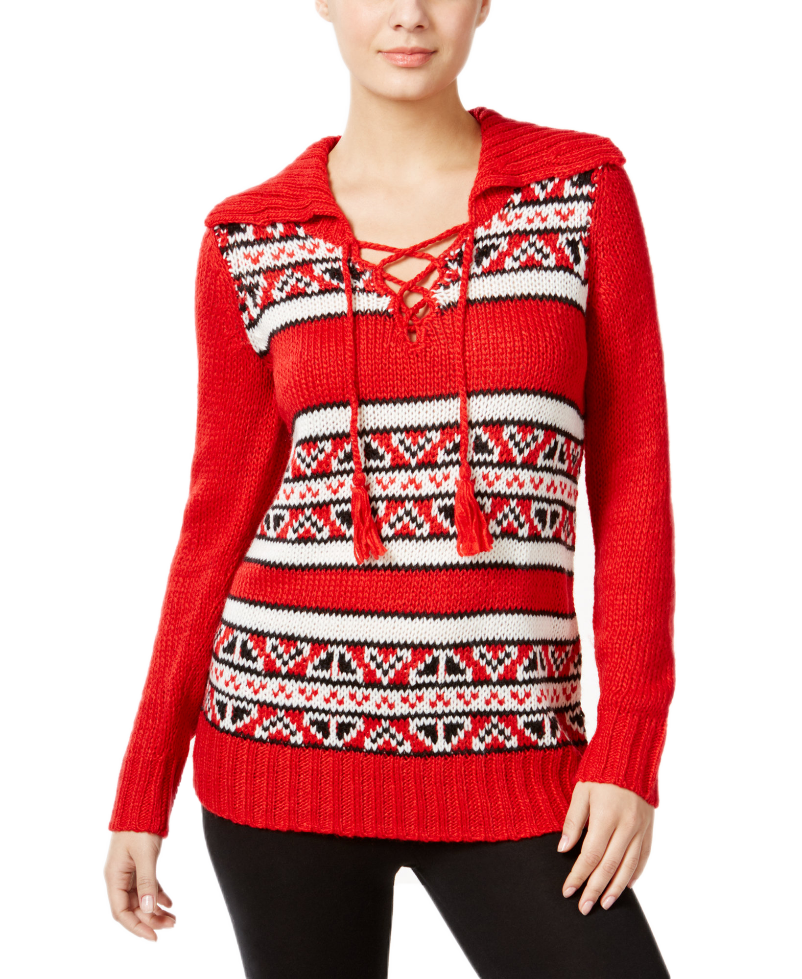 G.H. Bass & Co Women Striped Lace Up Sweater Classic Red Combo