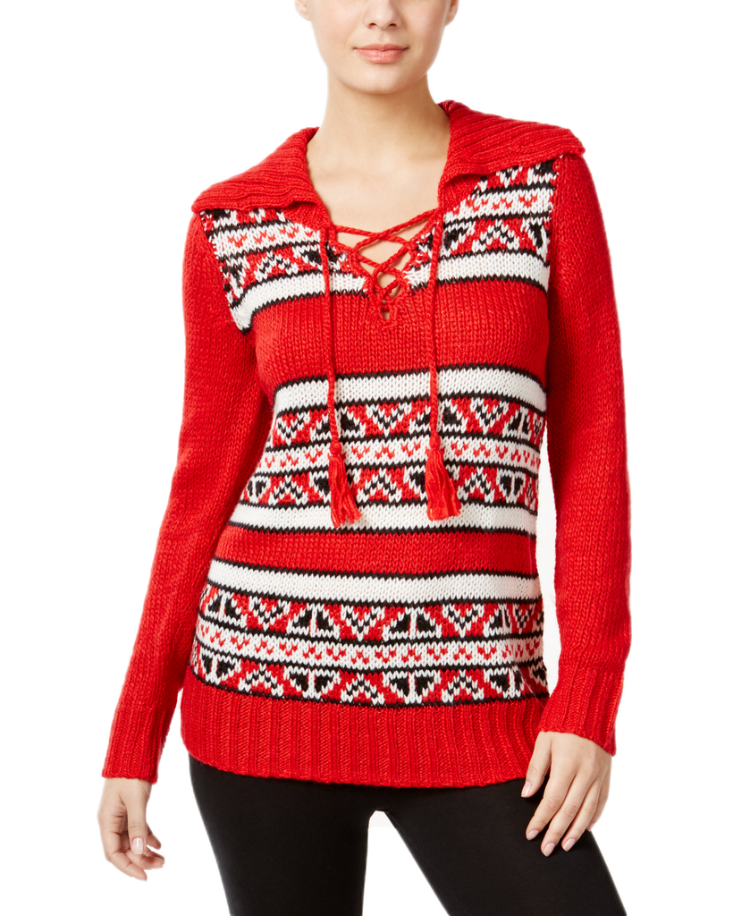 G.H. Bass & Co Women Striped Lace Up Sweater Classic Red Combo