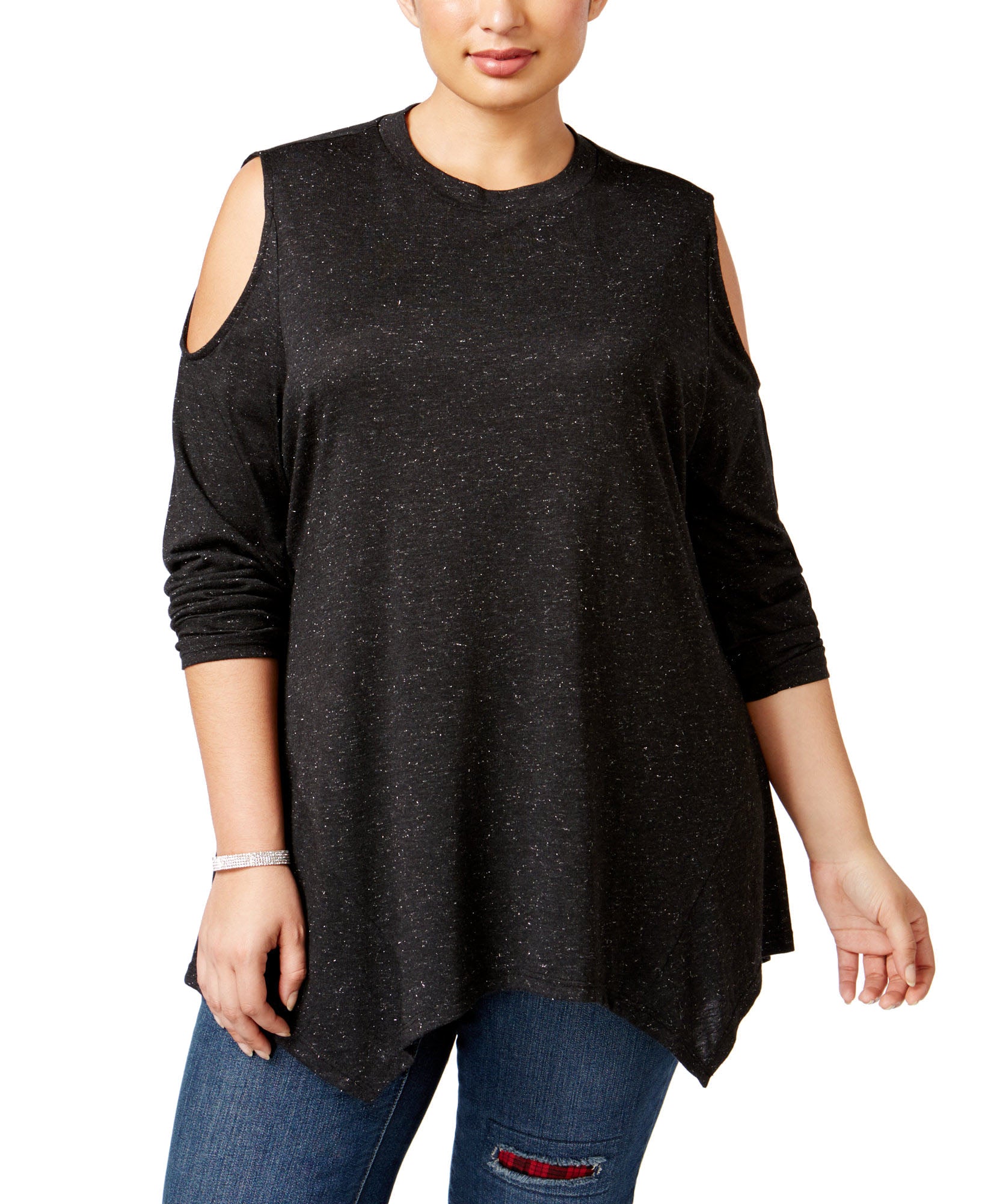 Style & Co Women Plus Cold Shoulder Sparkle Swing Top Deep Black
