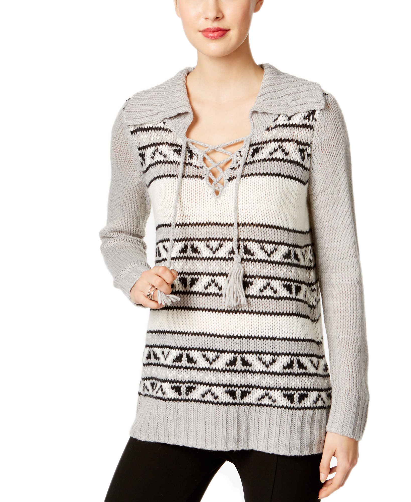 G.H. Bass & Co Women Striped Lace Up Sweater Grey