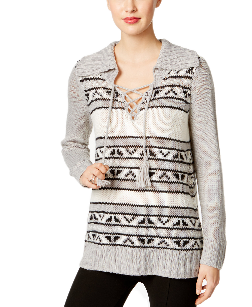 G.H. Bass & Co Women Striped Lace Up Sweater Grey