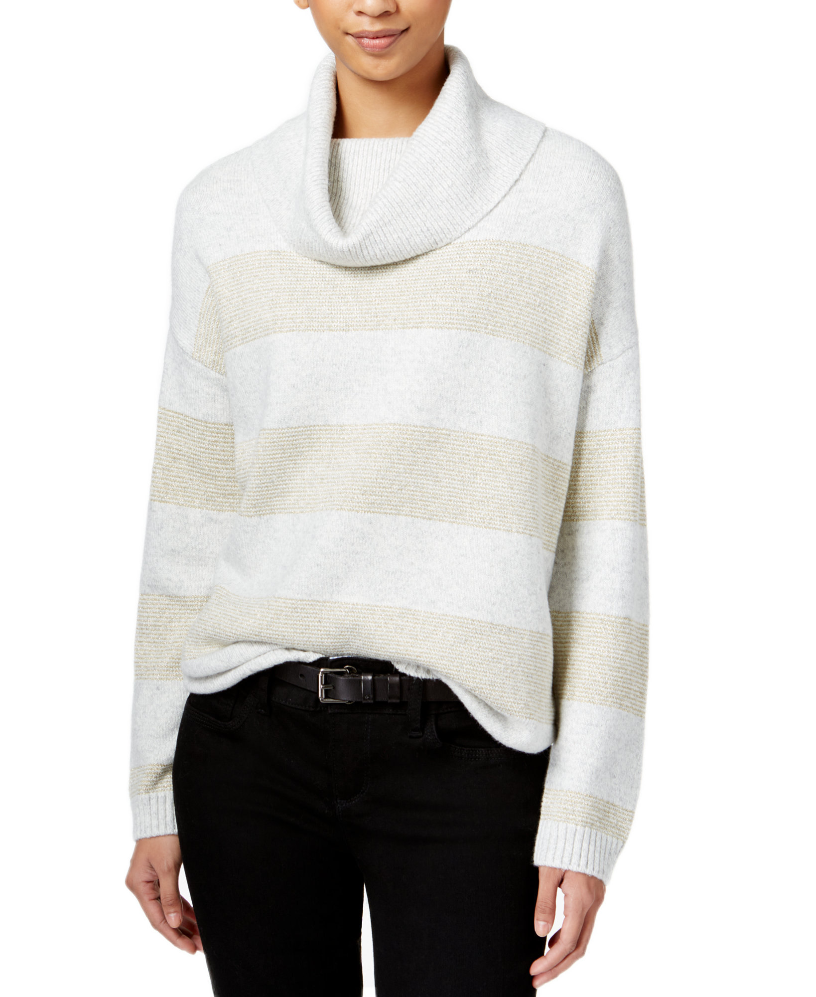 Tommy Hilfiger Women Striped Metallic Turtleneck Sweater Grey Heather