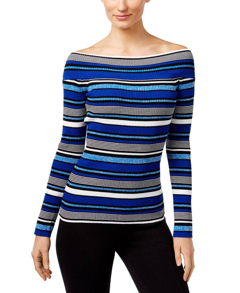 INC International Concepts Women Reversible Off The Shoulder Striped Sweater Goddess Blue