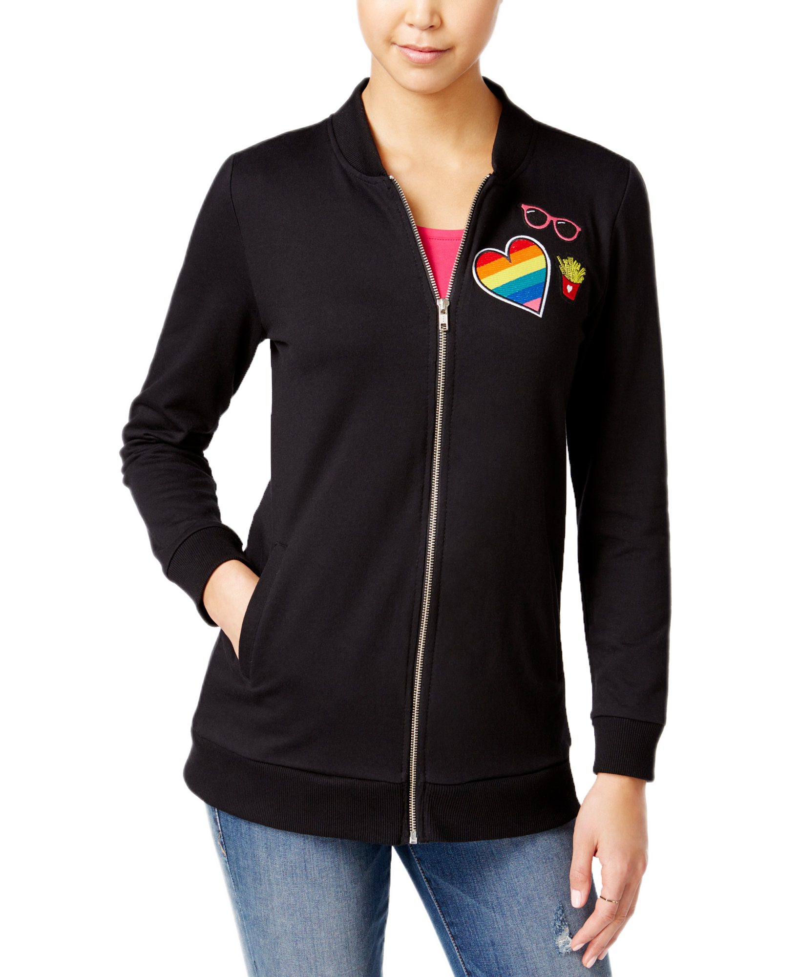 Almost Famous Juniors Patch Trim Tunic Bomber Jacket Black