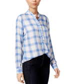 Maison Jules Women Ruffled Plaid Shirt Cobalt Glaze Combo