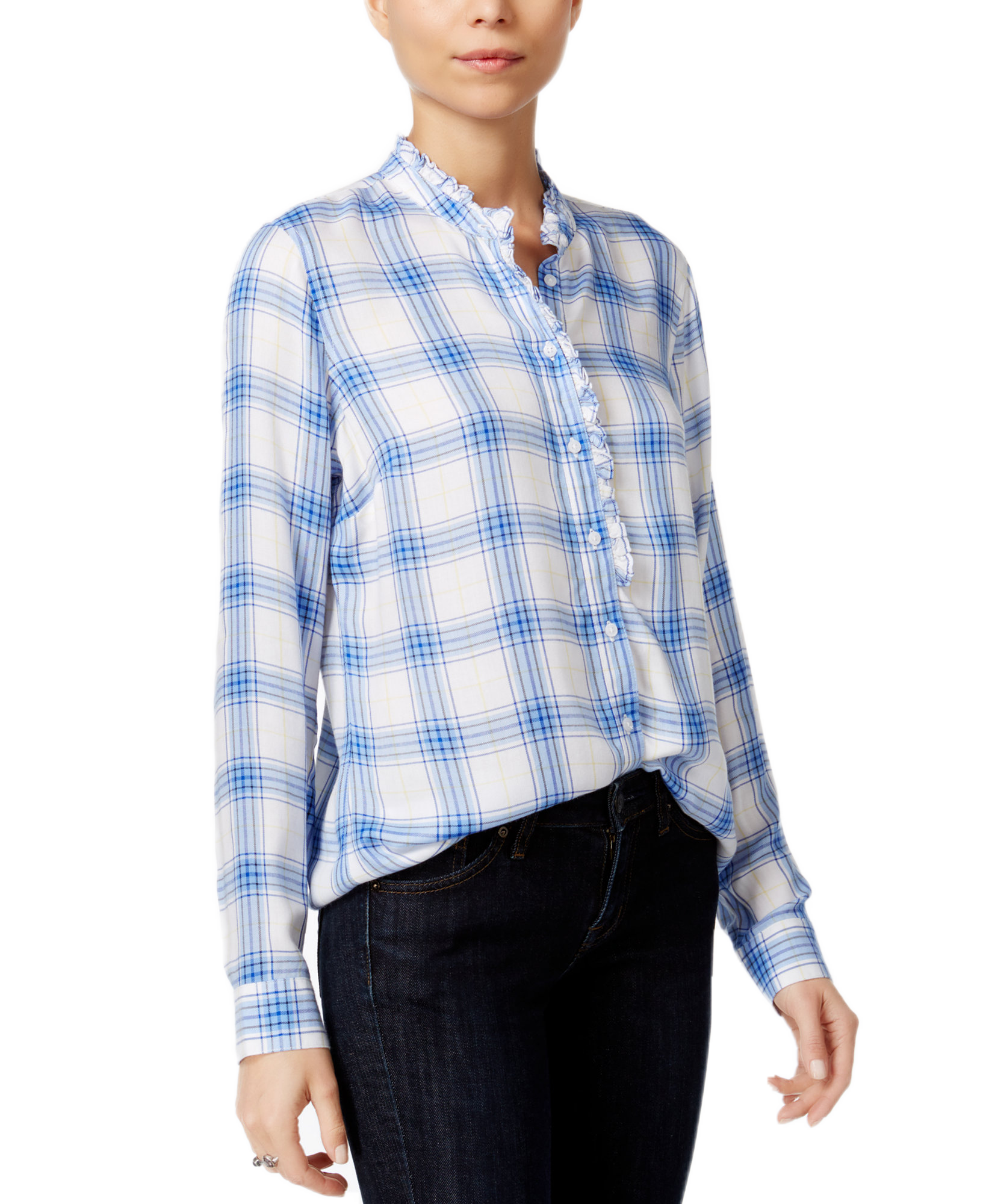 Maison Jules Women Ruffled Plaid Shirt Cobalt Glaze Combo