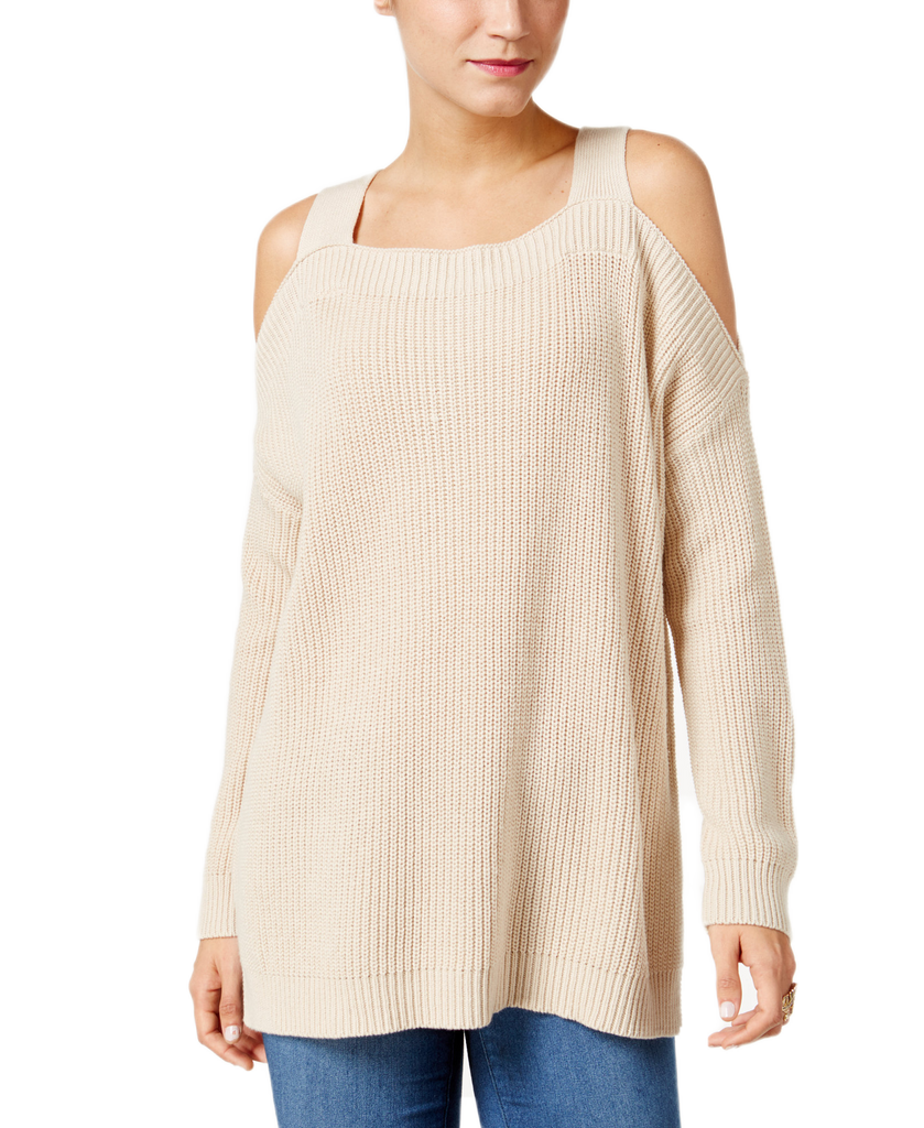 Style & Co Women Ribbed Cold Shoulder Sweater Natural Heather