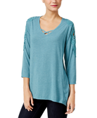 Style & Co Women Lattice Neck Crochet Trim Top Green Nectar