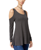 Ultra Flirt Women Cold Shoulder Top Black White Stripe